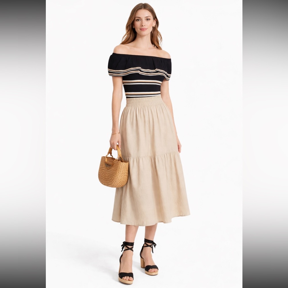 WHBM Off Shoulder Ruffle Striped Sweater Top Black tan white Sz S - Picture 11 of 14
